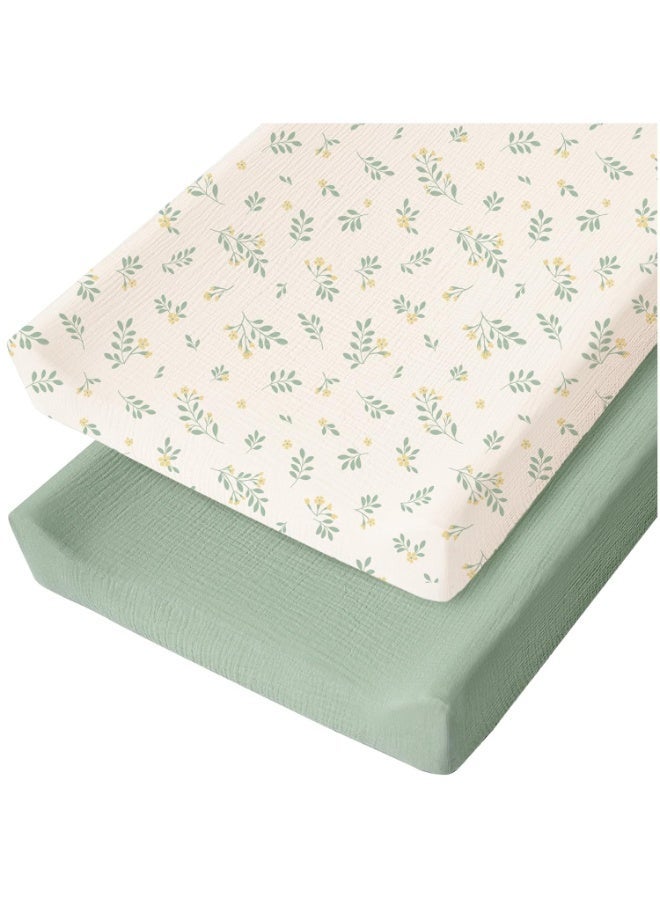 Bukela Muslin Changing Pad Cover for Baby Girls Boys, 100% Cotton Fitted Diaper Chang Table Covers, Soft Breathable Changing Pad Sheets, 2 Pack (Leafy,Green) - Image 1
